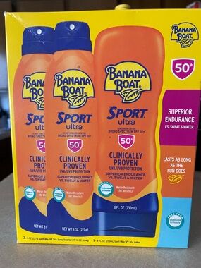 Banana Boat spf 50 3 pack Sport Ultra clinically Proven sprayand lotion